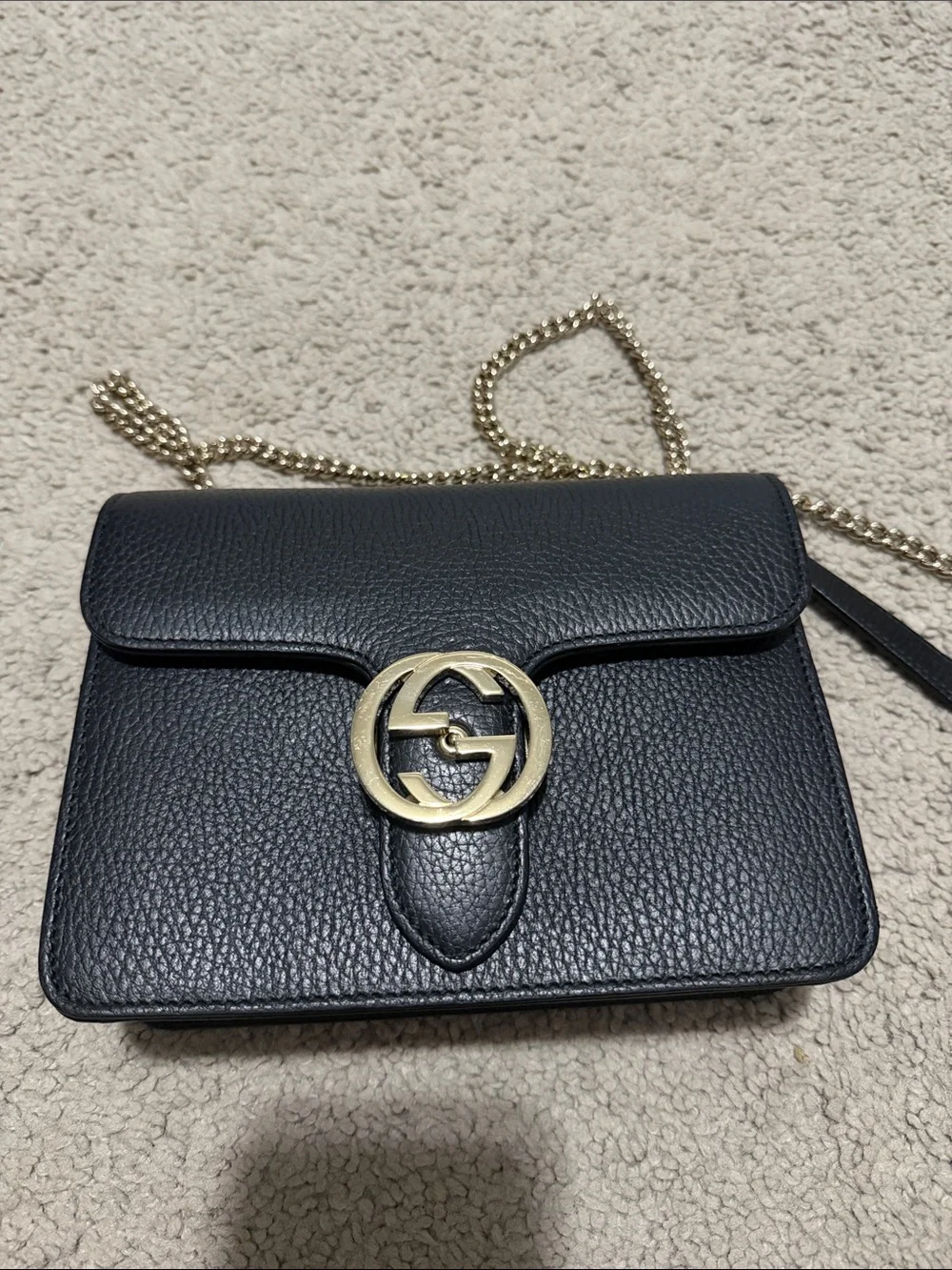 Gucci Black Pebbled Leather Crossbody with Gold Double G